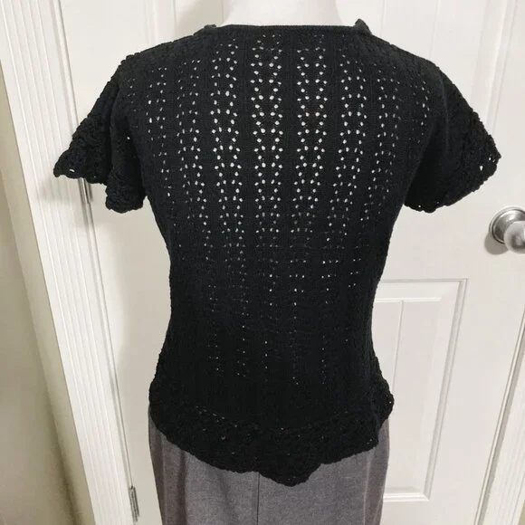 RICKI'S Vintage black short-sleeve scalloped shawl collar v-neck cardigan MEDIUM - Picture 15 of 15